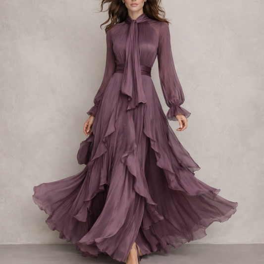 Verelli Fenella | Chiffon Schleifenkragen Gestufte Maxi Kleid